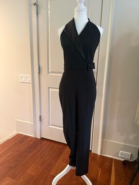 Reiss Black Halter-Neck Tailored Jumpsuit with Belt